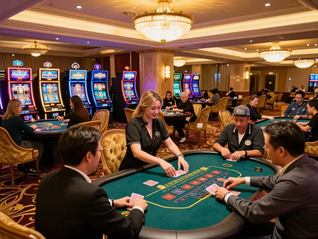 Engaged players at nhà cái 888NEW enjoying a thrilling casino experience with colorful slot machines.