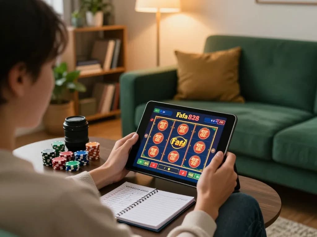 FAFA 828 home gaming experience with a person enjoying online slots on a tablet and strategic notes.
