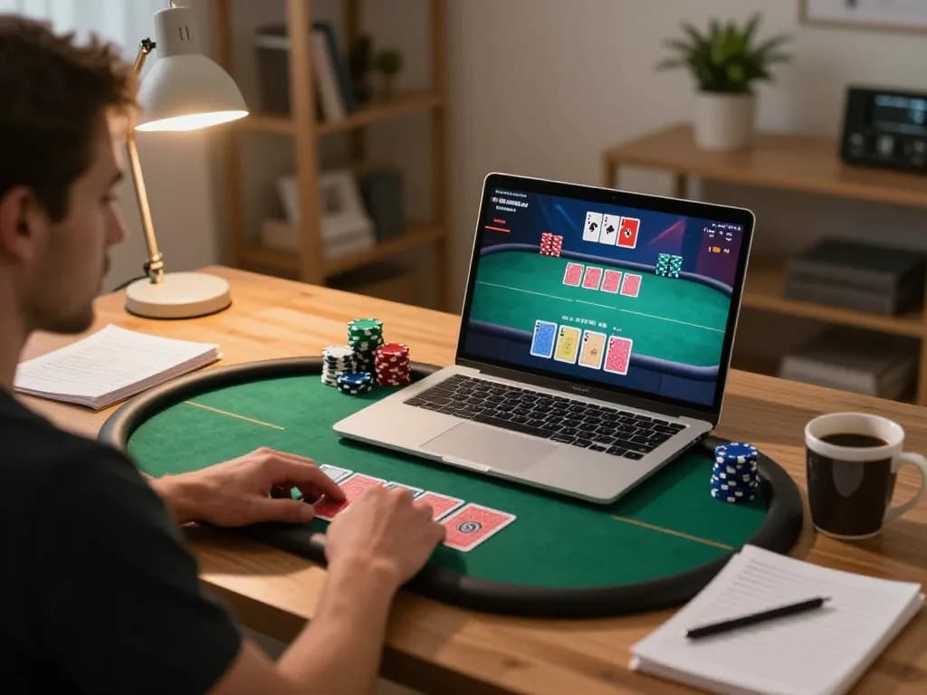 Engaged player showcasing vipwin gameplay on laptop in a cozy home office setting.