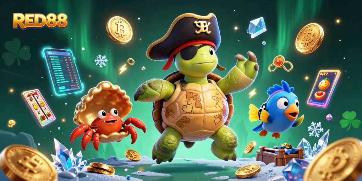 Engage with thrilling games at RED88 featuring a vibrant 3D casino scene with pirate turtle and treasures.