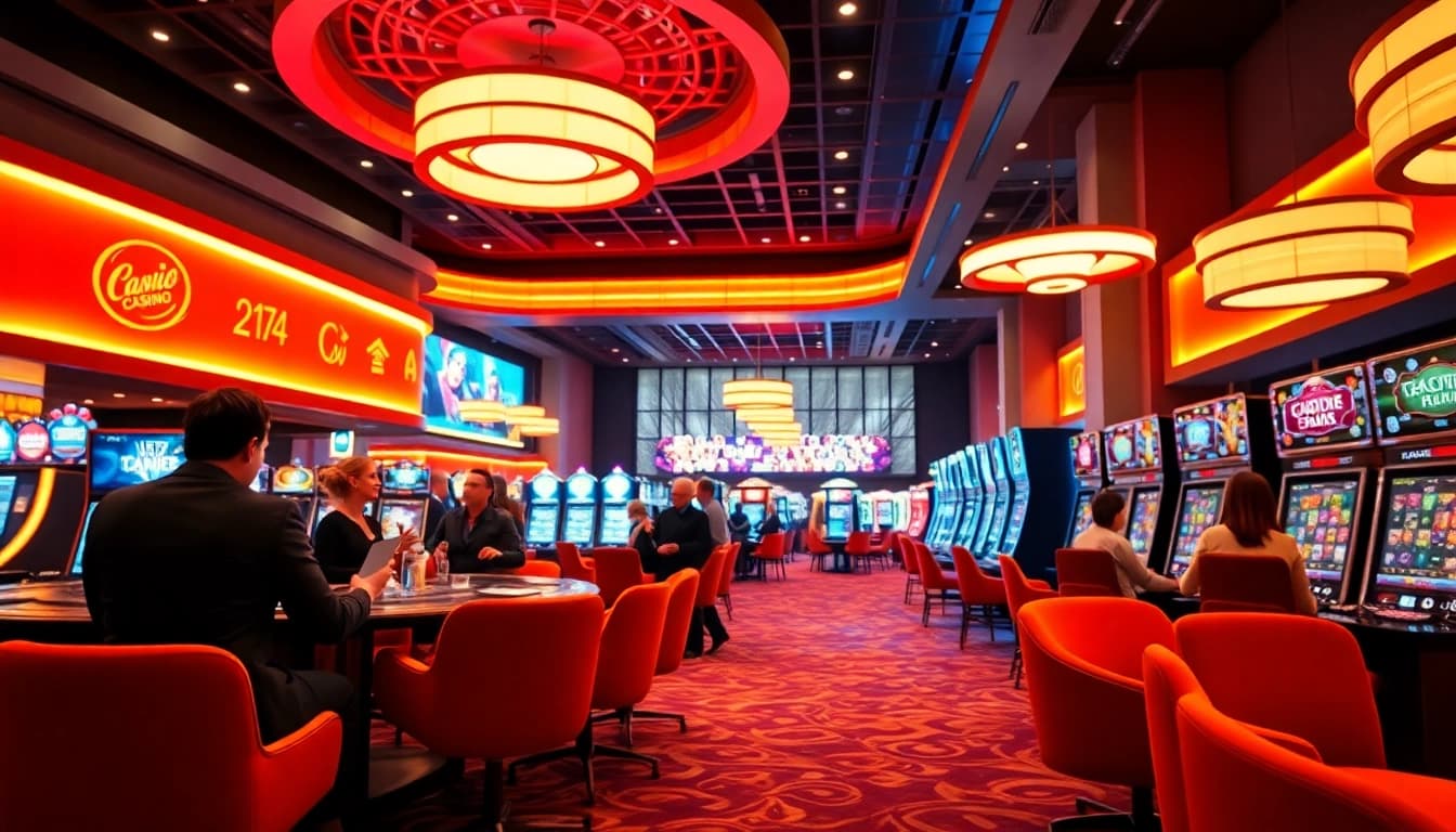 Besucher genießen casino-spiele de in einem modernen Casino mit lebendigen Lichtern und eleganten Spielautomaten.