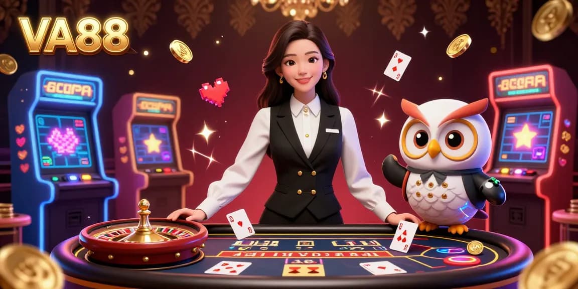 Experience the excitement of VA88 with a dynamic scene of a dealer and gaming elements at a luxurious online casino.