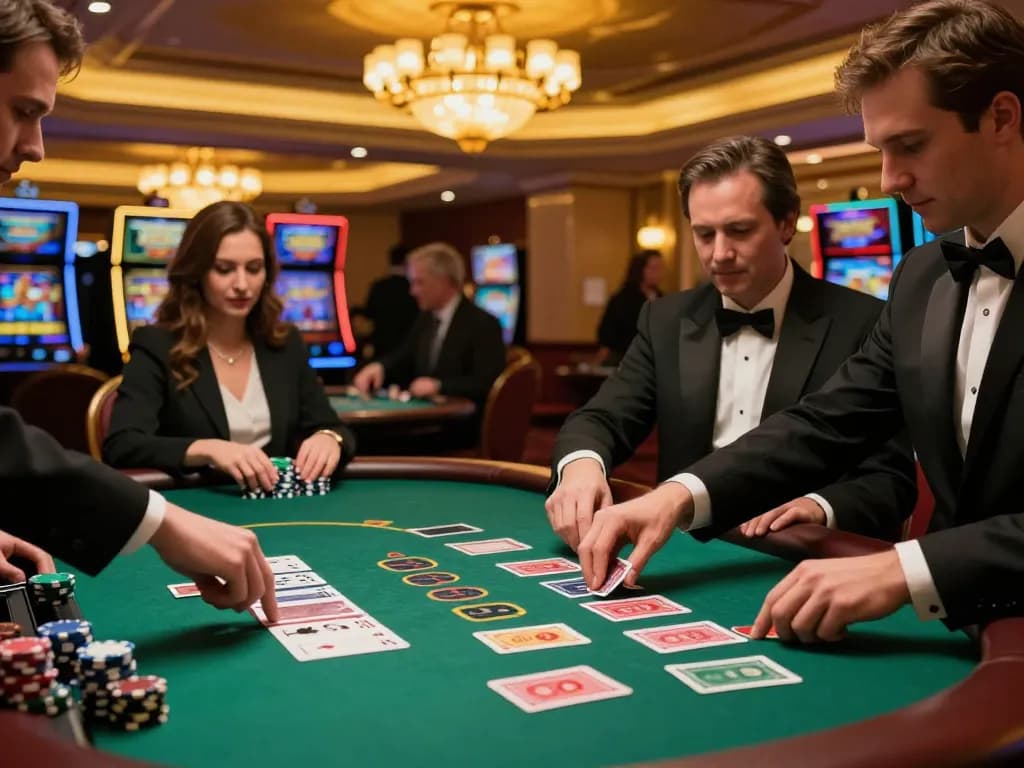 MM88 players placing bets at a blackjack table in a luxurious casino environment.