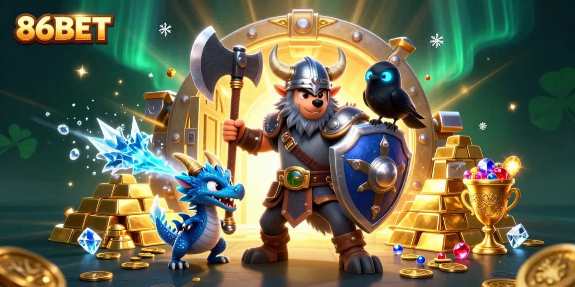 Experience the thrill of winning with 86BET, featuring a Viking warrior and treasure in a vibrant casino scene.