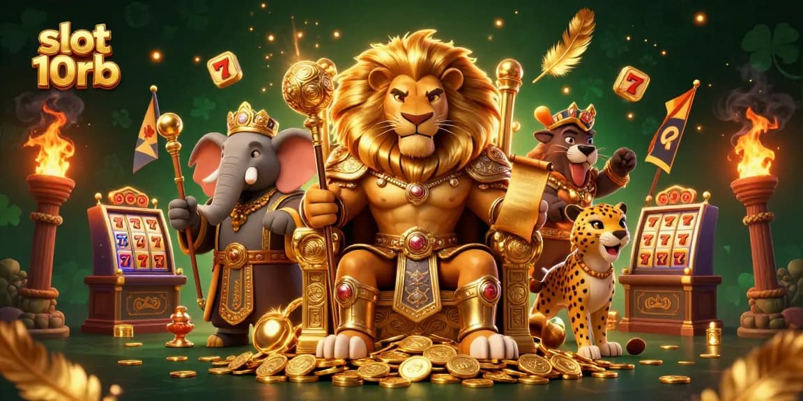 Experience the thrill of slot 10rb; a lion king, wise elephant, and cheetah in a vibrant casino