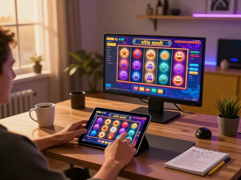 Engaged gamer exploring situs slot online with colorful spinning reels on tablet.