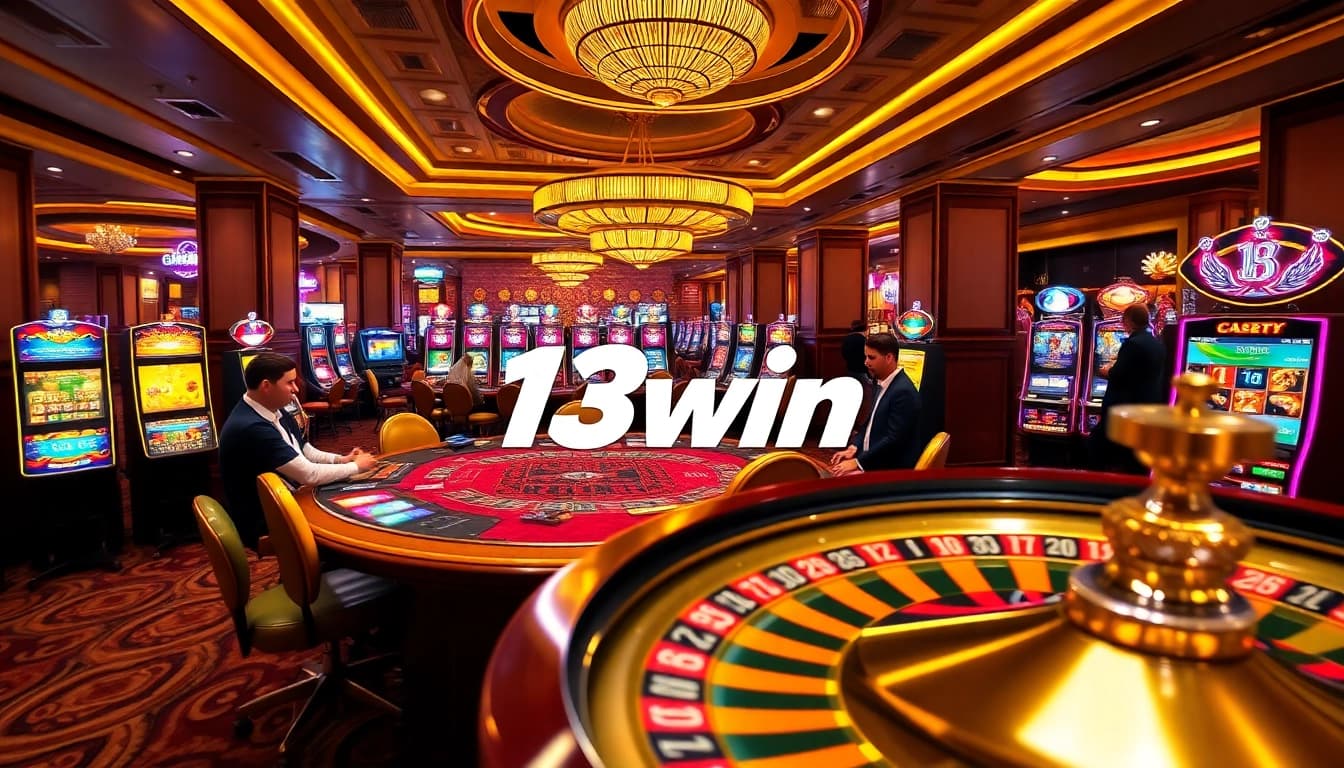 Exciting scene of players engaged at 13win's luxurious casino, featuring poker and roulette tables.