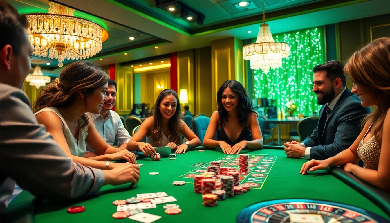 Enthusiastic players at a luxurious poker table in an upscale casino showcasing GO8 gaming excitement.
