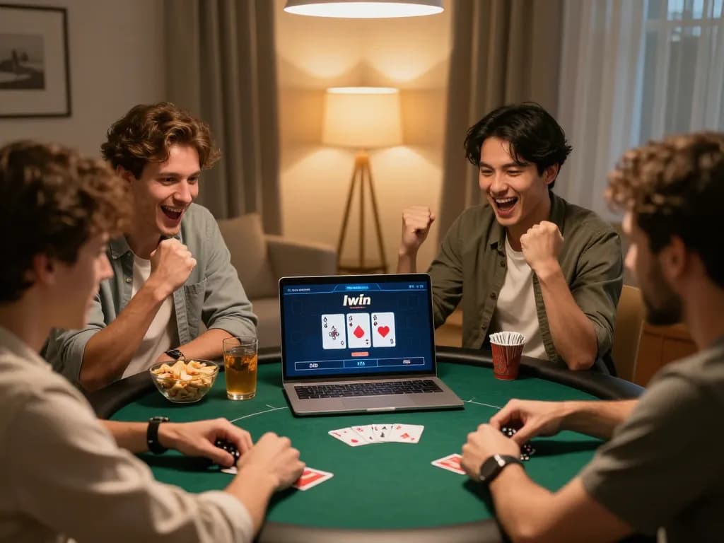 Iwin players celebrate a poker win in a cozy home atmosphere with snacks and drinks.