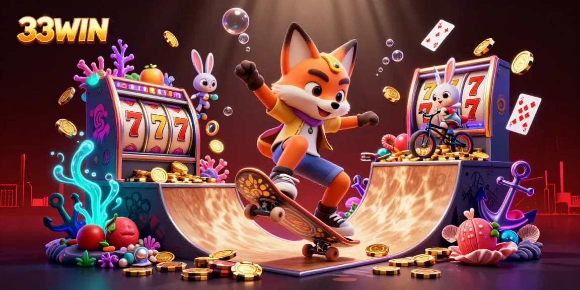 Experience thrilling gameplay action with 33WIN's vibrant casino-themed illustration!