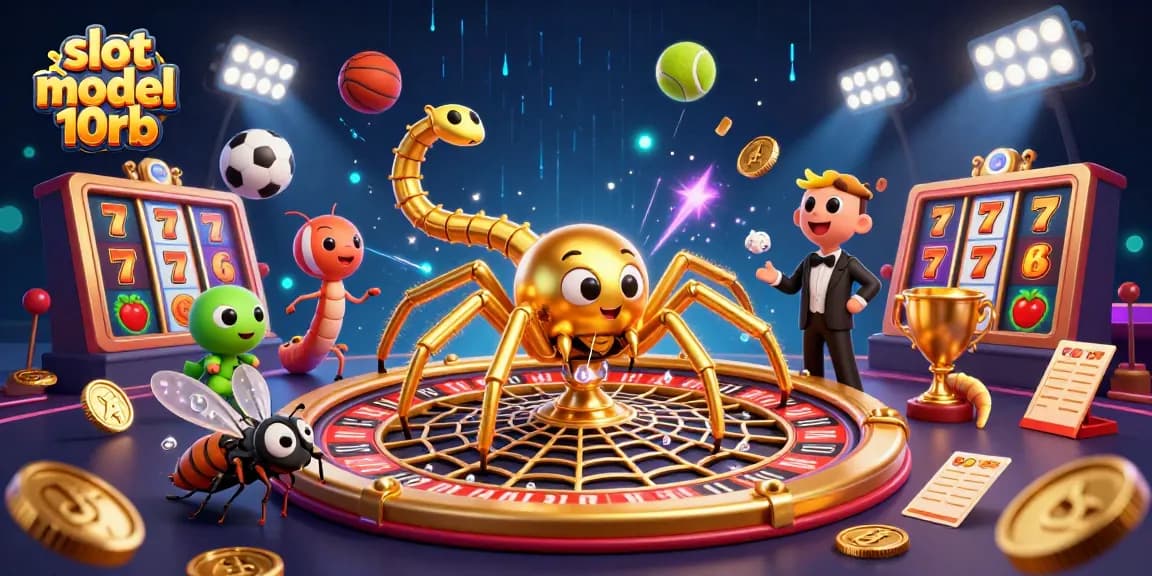 Engage with slot modal 10rb in a vibrant casino scene featuring a golden spider and a centipede croupier.