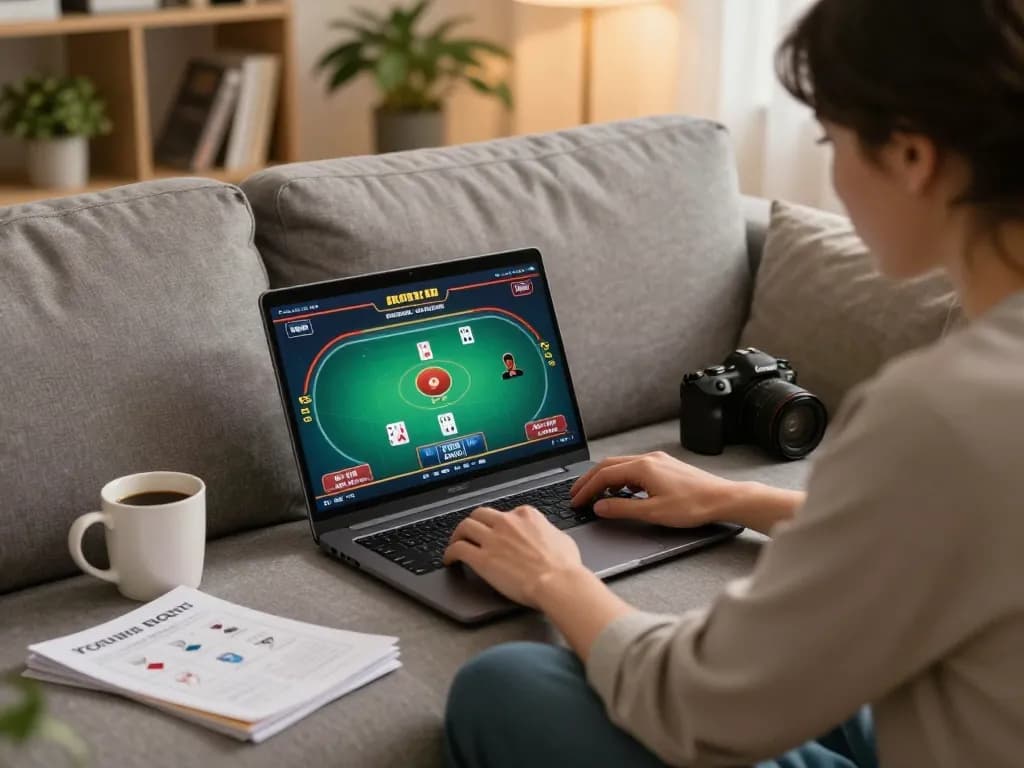 cm88seo player enjoying an online poker game on a laptop at home, surrounded by strategy notes