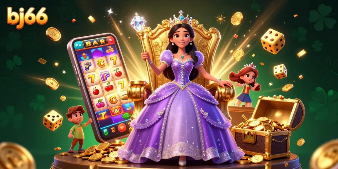 Place your bets at bj66 with a stunning casino-themed illustration showcasing slots and victory elements.