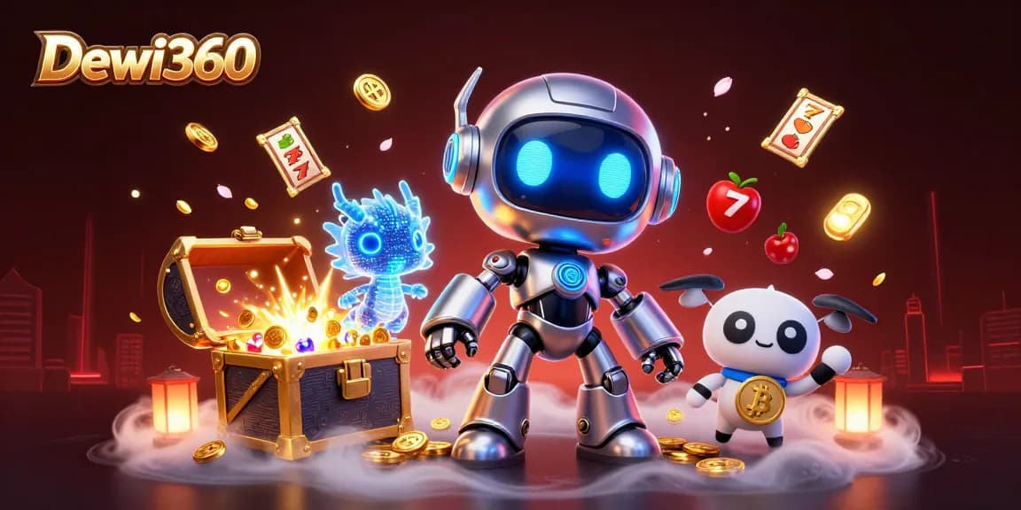Dewi360 menampilkan maskot robot cyberpunk 3D dengan mata biru neon, dikelilingi permainan slot yang menyenangkan dan harta karun