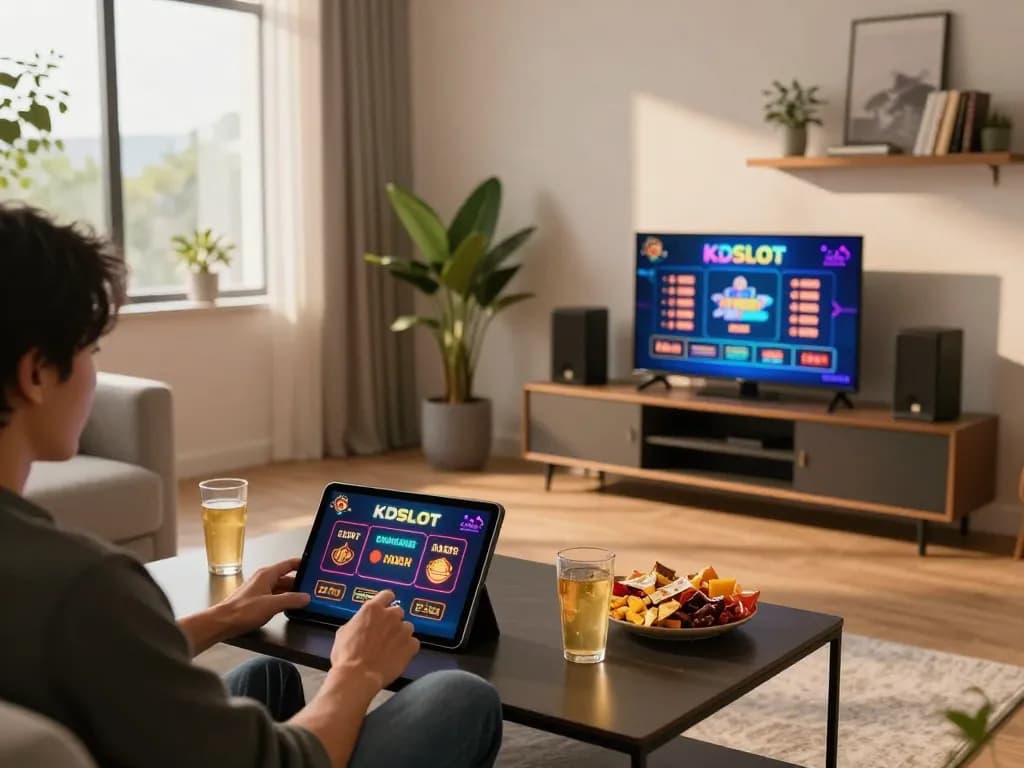 KDslot player enjoying an engaging online casino session at home with tablet in hand and strategic notes nearby