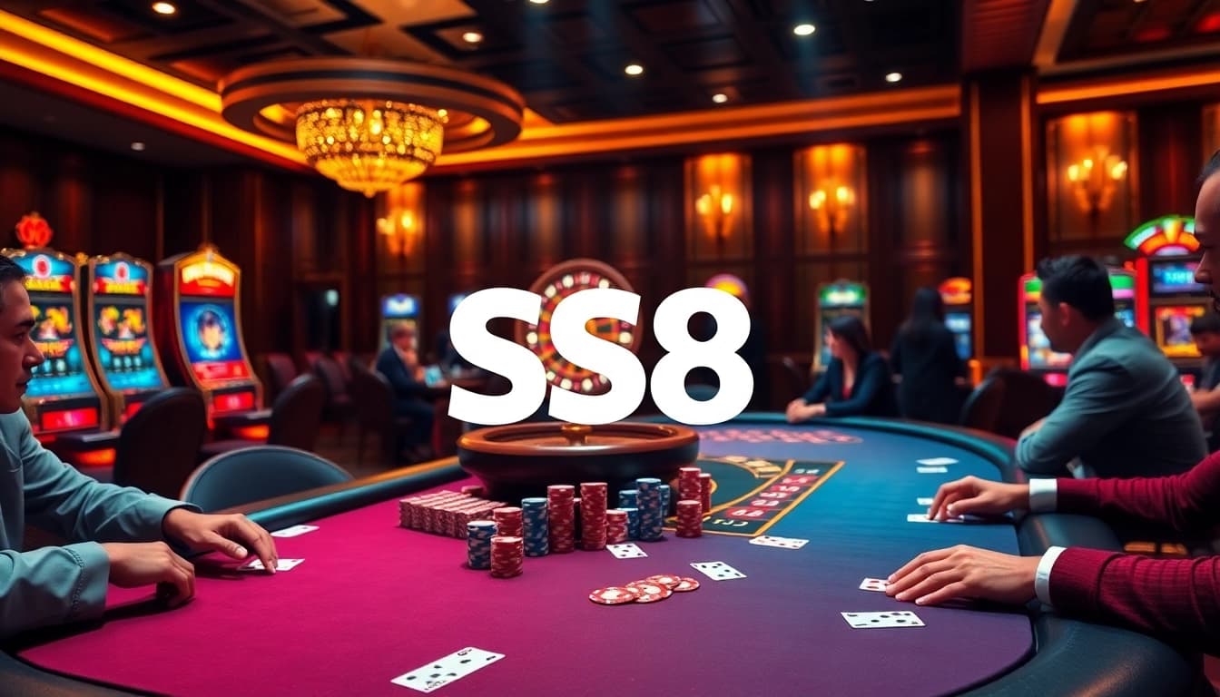 Players strategizing at a poker table in the S8 casino, capturing the thrill of high-stakes gambling.