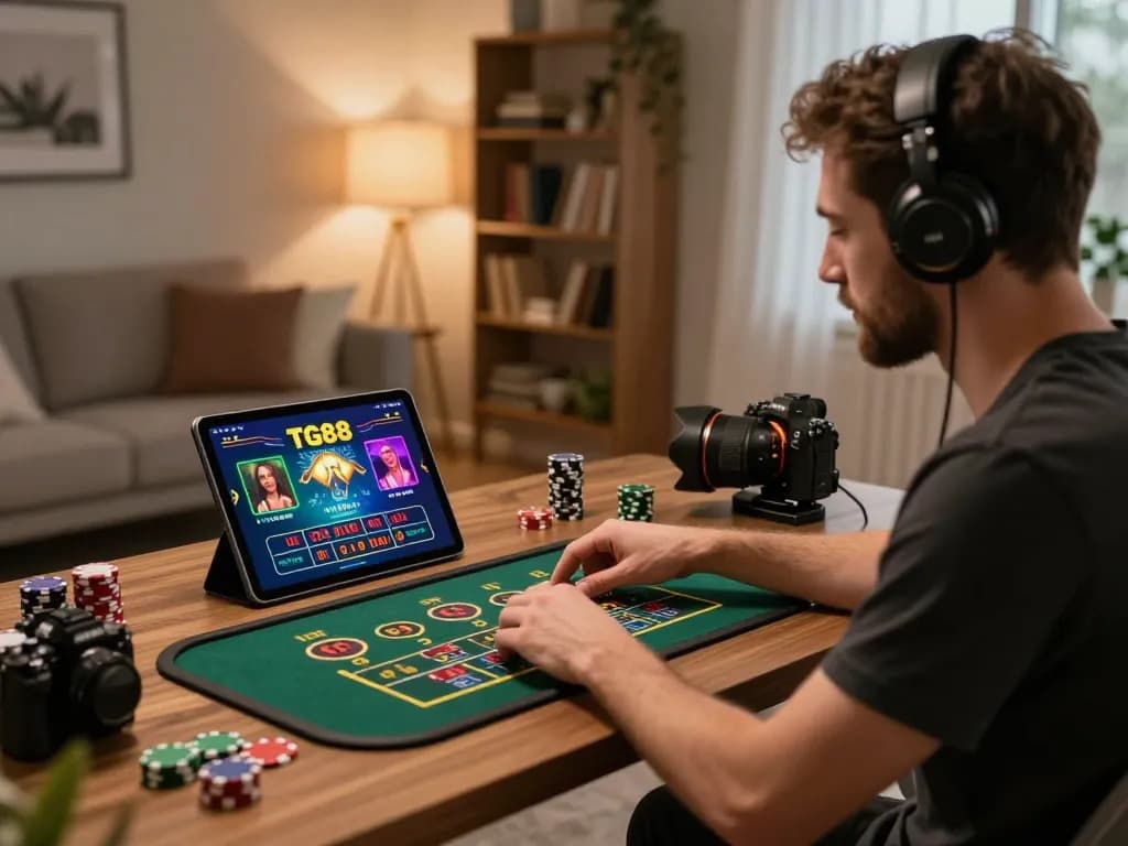 Engaging player using the TG88 app for live casino gaming at home, showcasing strategic gameplay