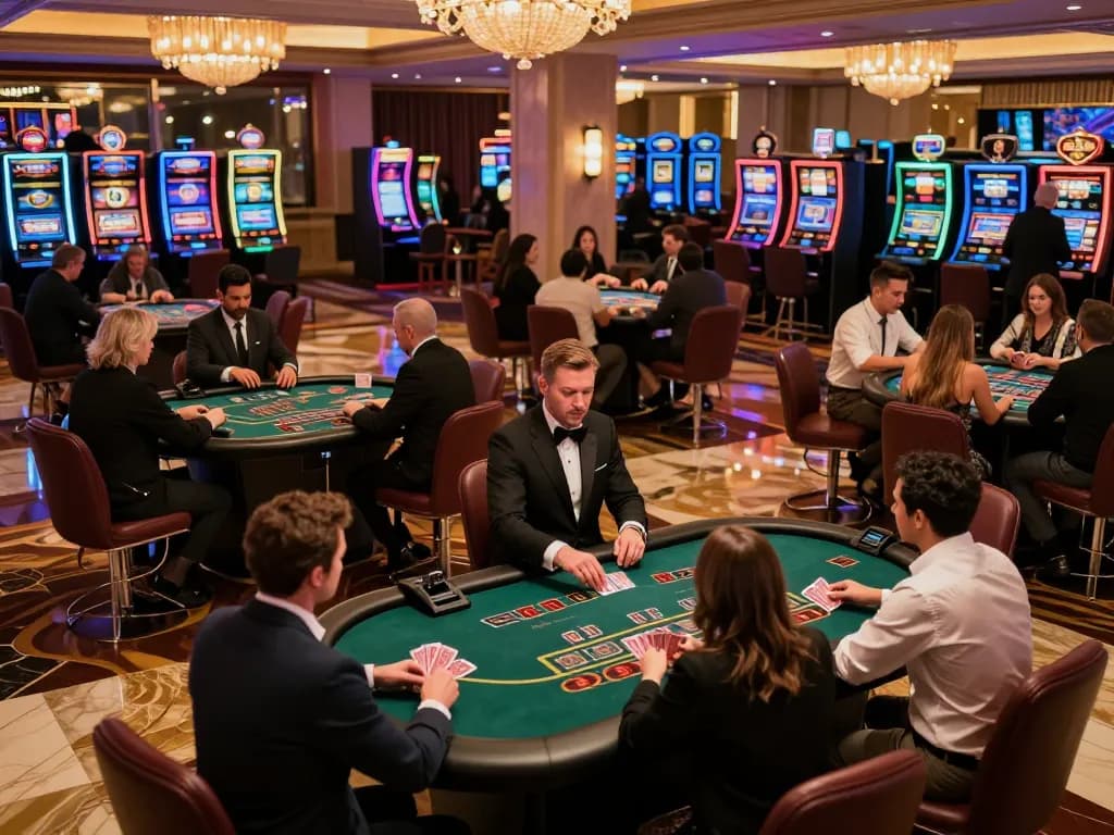 Engaged players enjoying blackjack at PLANET88 casino surrounded by vibrant lighting and excitement.