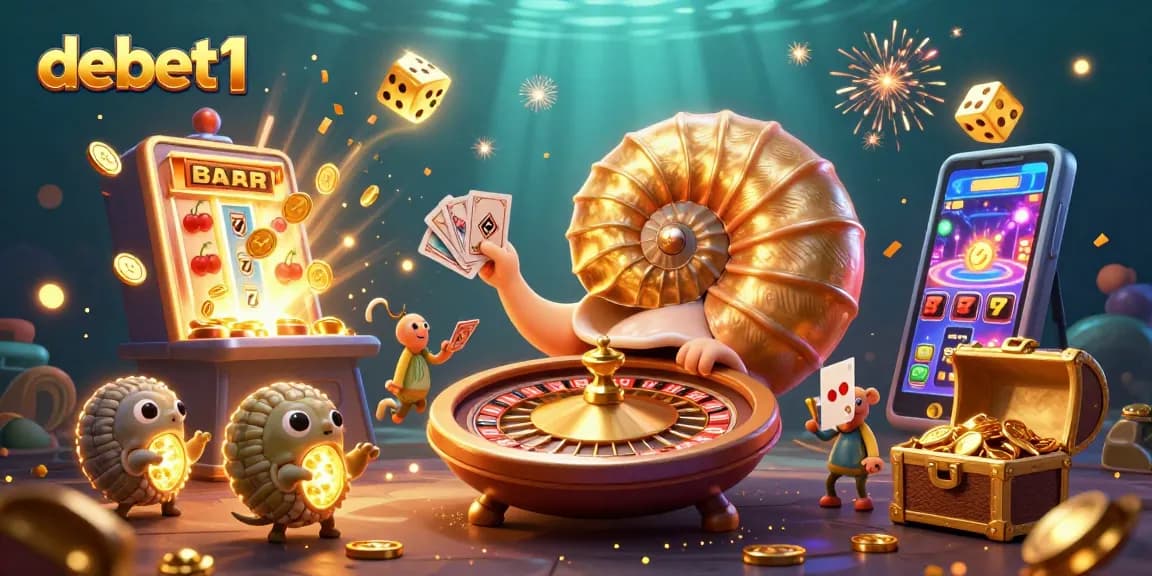 Engage with debet1 in this vibrant, dynamic casino scene featuring a glowing nautilus and jackpot excitement.