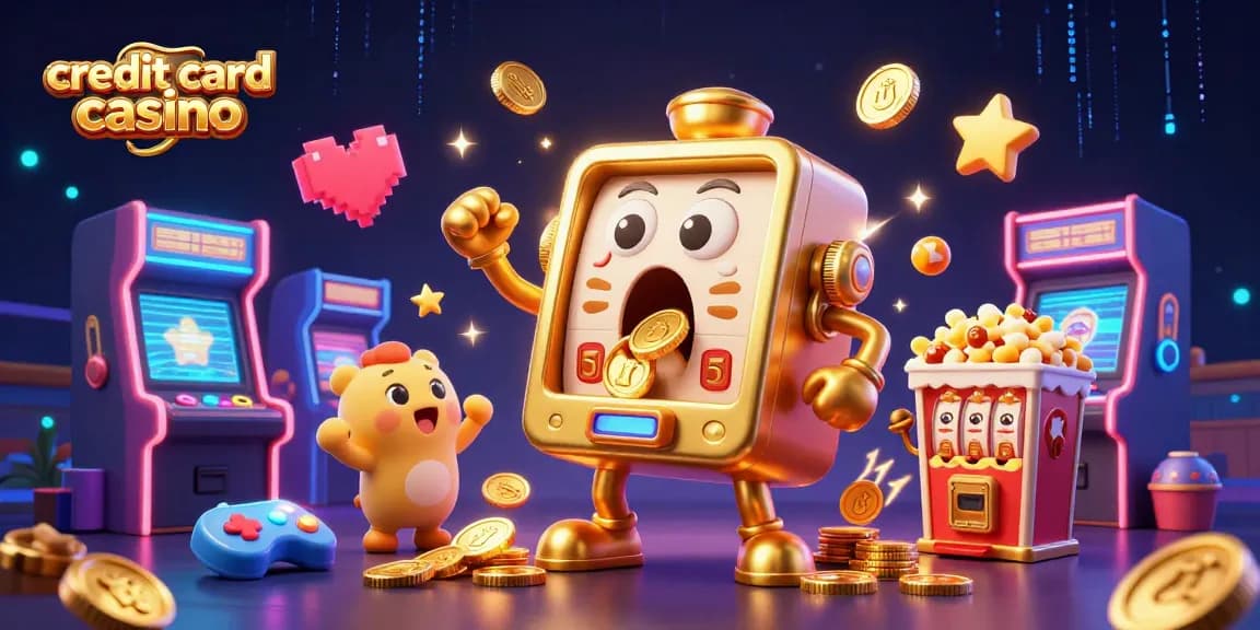 Experience excitement at a vibrant credit card casino with animated slot machines hitting jackpots and tossing coins.