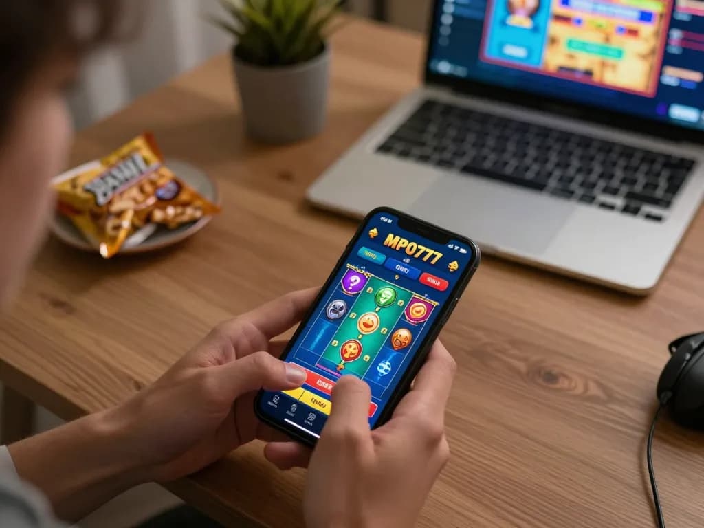 Pemain MPO777 terlibat dengan permainan online di smartphone dalam suasana yang nyaman.