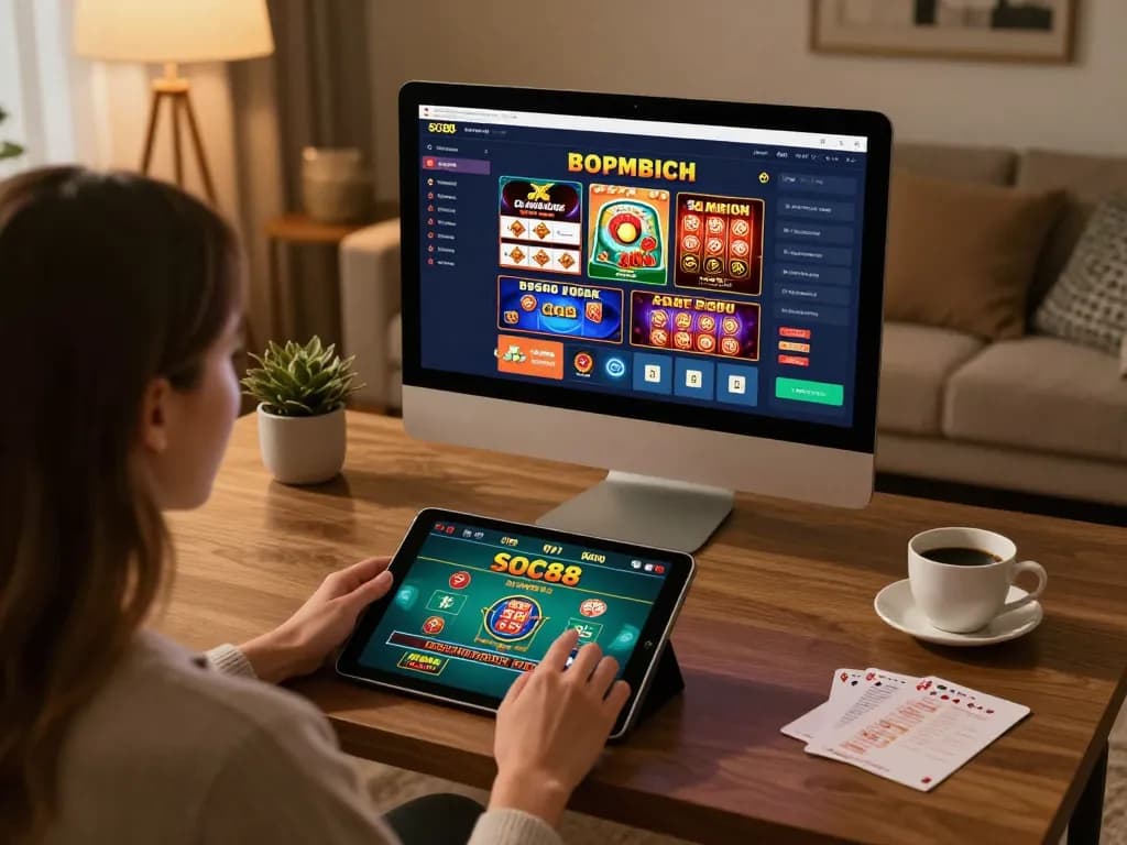 Engaging in soc88 online betting, a woman places bets on her tablet at home.