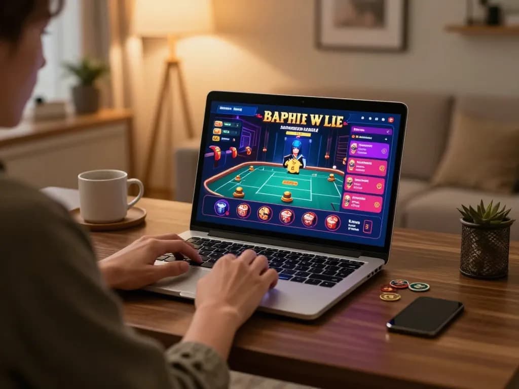 V888 user enjoying live dealer games on a laptop in cozy home setting, strategic gameplay.
