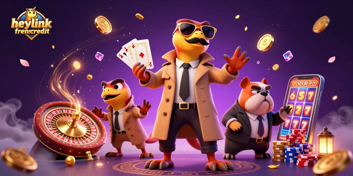Experience heylinkfreecredit excitement in this vibrant 3D casino scene with animated raptors.