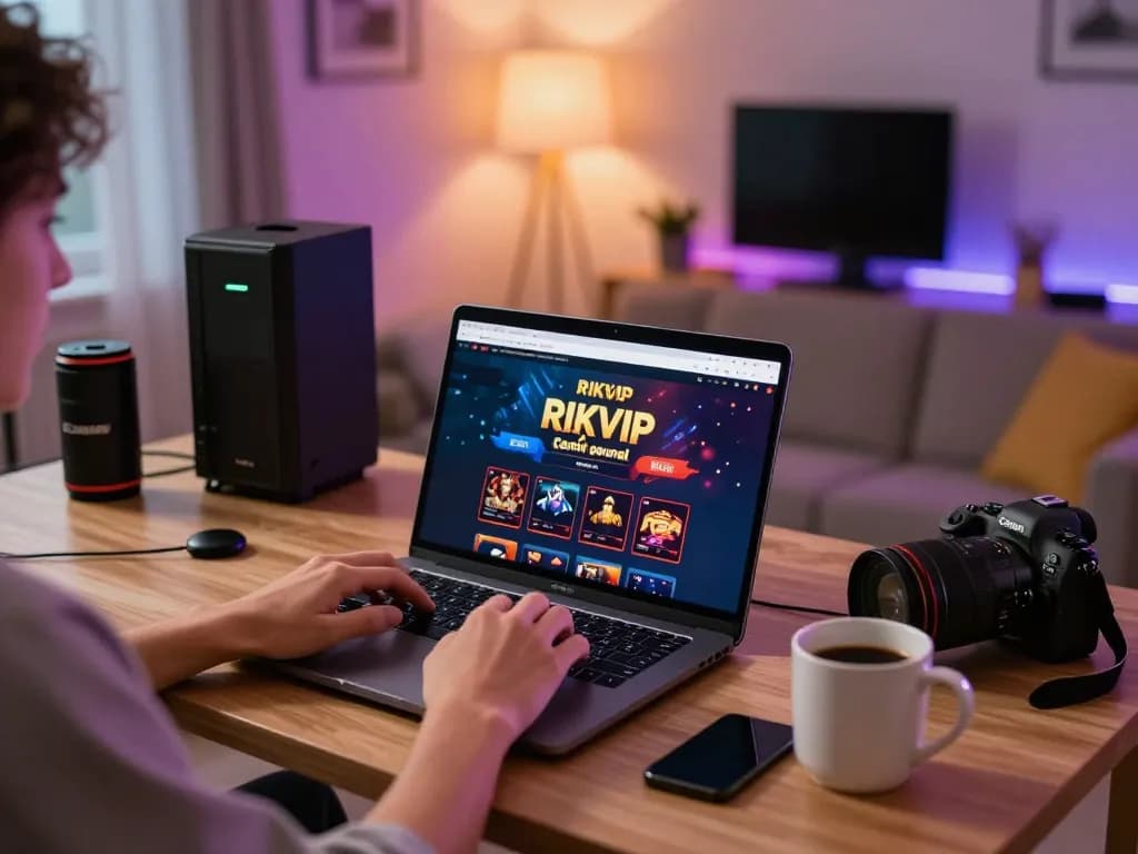 Player engaging with the RIKVIP online casino interface, showcasing responsible gaming setup in a cozy home
