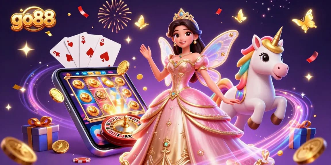 Join the excitement at go88 with an Asian princess amid vibrant slot reels and golden treasures!