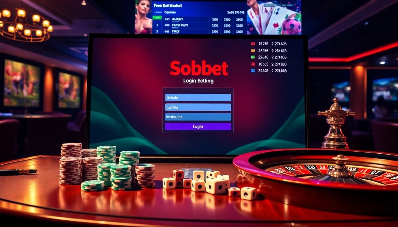 Sbobet login interface displayed alongside vibrant poker chips and roulette wheel in a luxurious casino setting.
