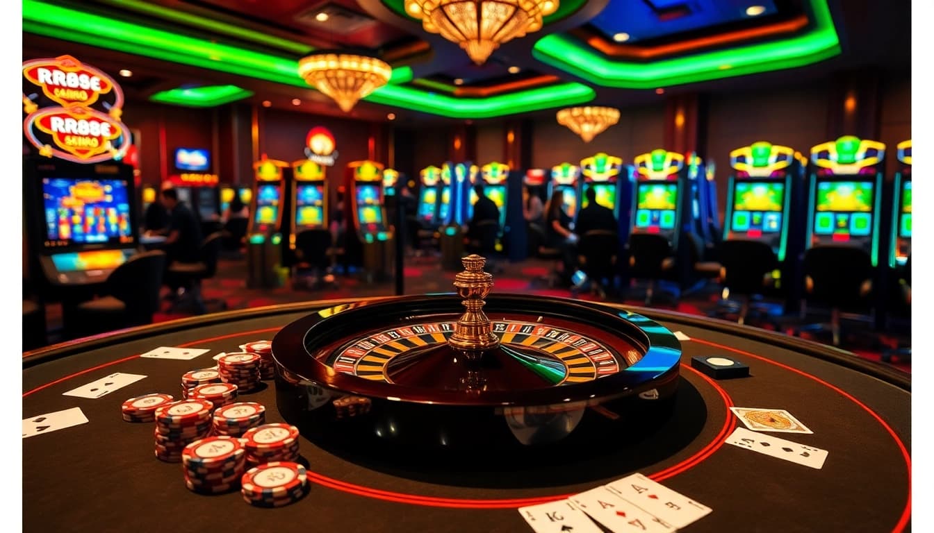 Experience thrilling gameplay at https://rr88.bar/, where players enjoy poker at elegantly designed casino tables under vibrant lights.