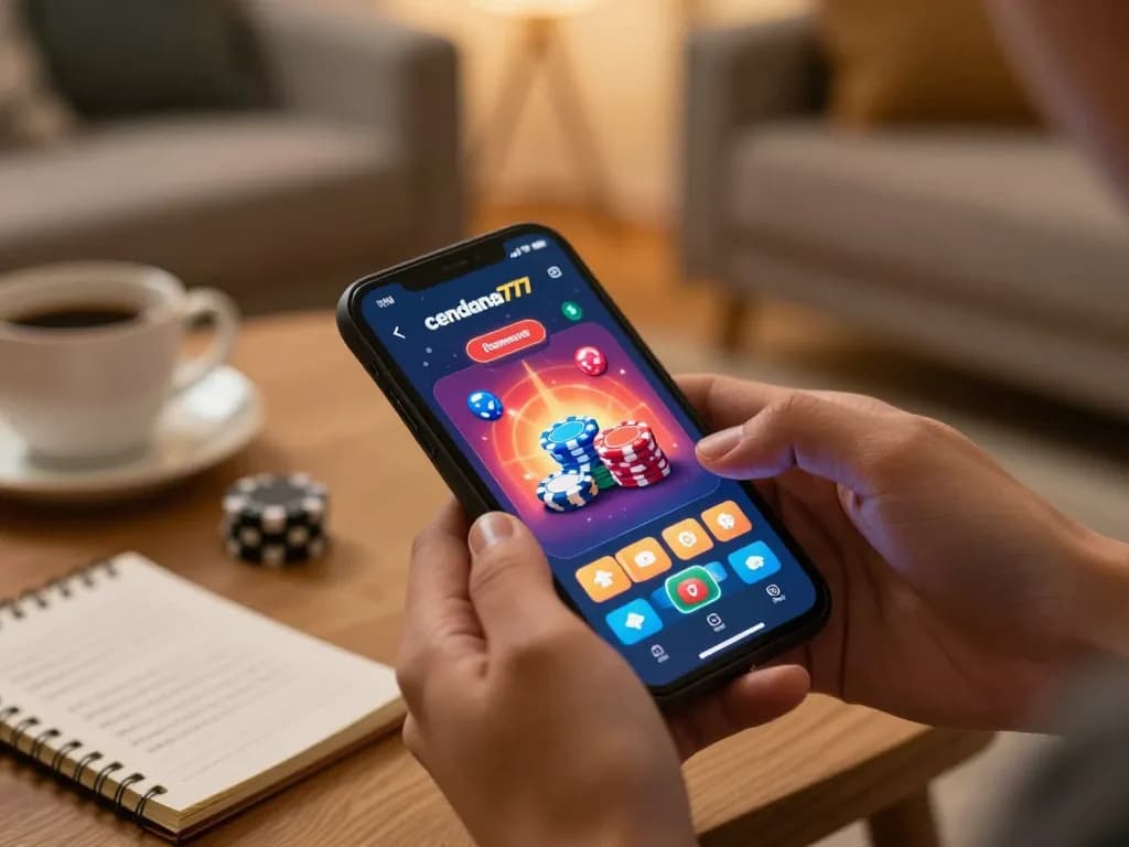 Engaging user enjoying cendana777 mobile casino app while analyzing gaming strategy in cozy home.