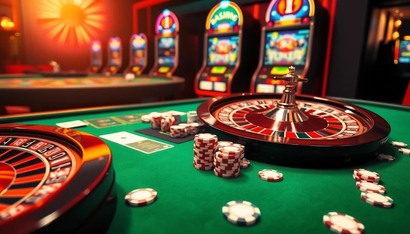 Experience thrilling gameplay at https://bl555.fashion/ with vibrant casino visuals featuring roulette, poker chips, and illuminated slot machines.