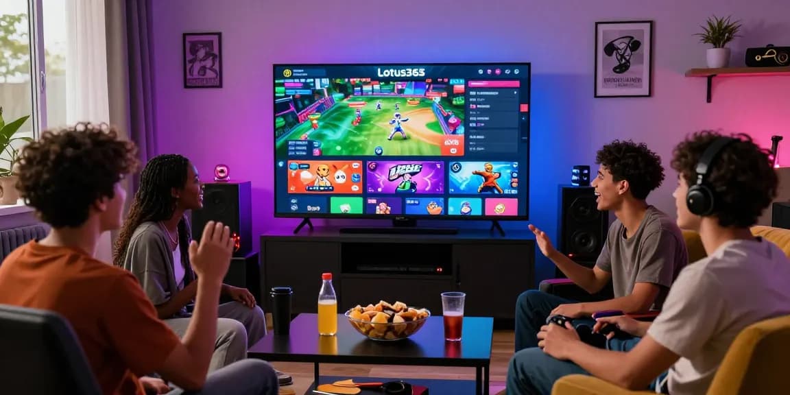 Engaging group of friends playing lotus365 games together, highlighting excitement and camaraderie in a colorful gaming environment.