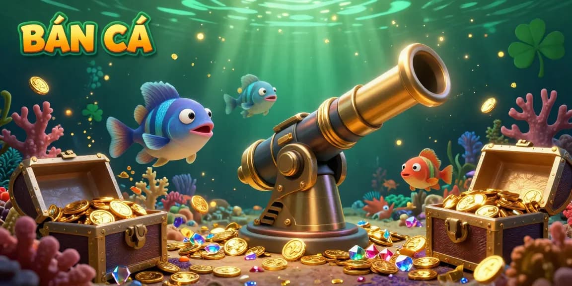 BẮN CÁ action scene with marine life, vibrant coral reefs, and treasure hunting elements.