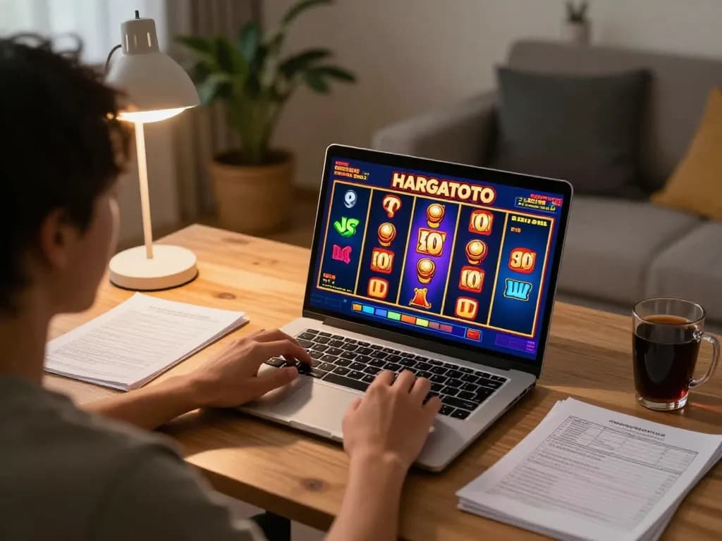 Berkelut dengan permainan slot HARGATOTO di laptop di rumah sambil fokus pada manajemen bankroll yang strategis.