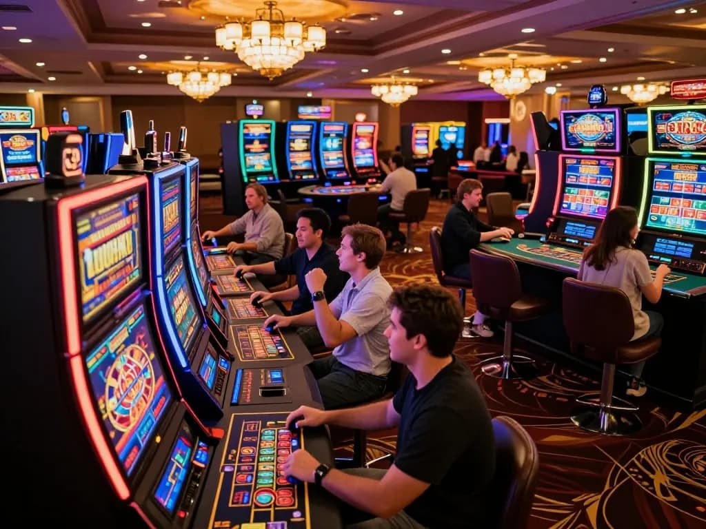 Sun win excitement at a vibrant casino with players engaging at colorful slot machines and roulette tables.