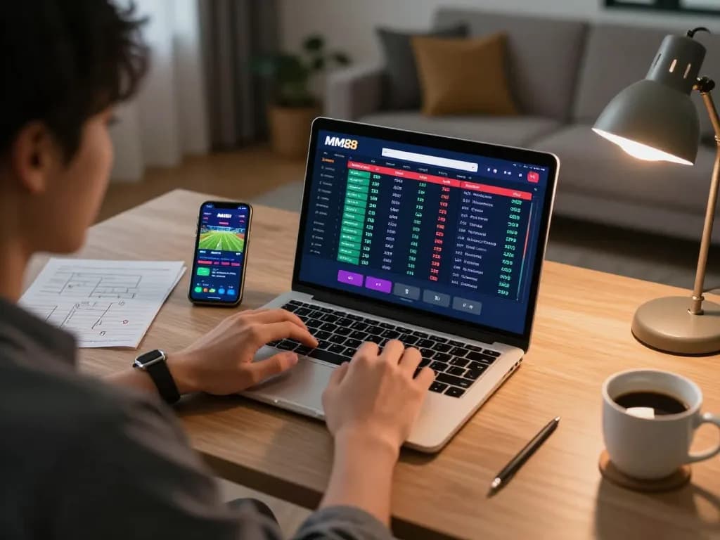 Engaged user placing bets on MM88 online platform from stylish home office.