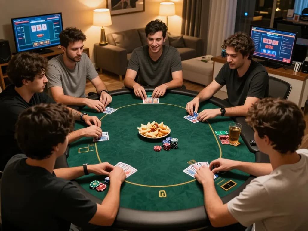 A dynamic online poker game scene showcasing de bedste casinoer uden om rofus, with players intensely focused on their screens amidst a cozy home atmosphere.