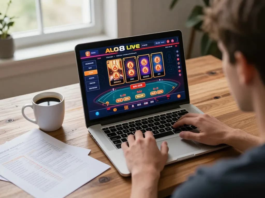 Experience ALO8 Live online gaming with a cozy home setup, laptop and strategy notes featured.