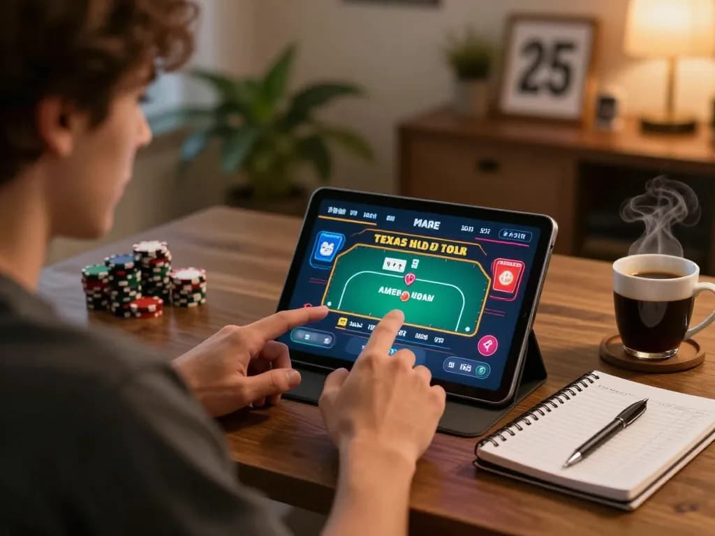 Player strategizing bankroll management while engaging in online poker game with tablet, debet clearly visible.