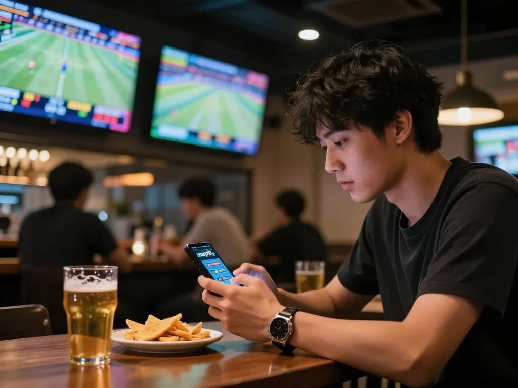 Place strategic bets with may88 app in a lively sports bar during a live game.