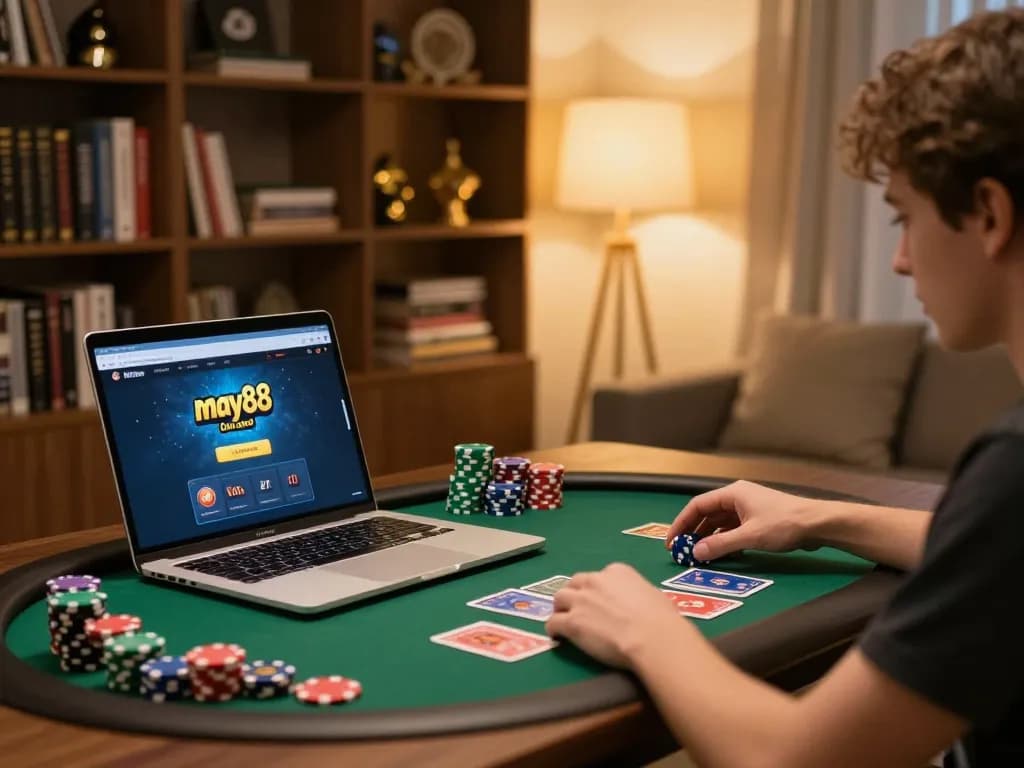 Engage in strategic gameplay with may88 game đăng nhập at home, showcasing focused player, cards, and chips