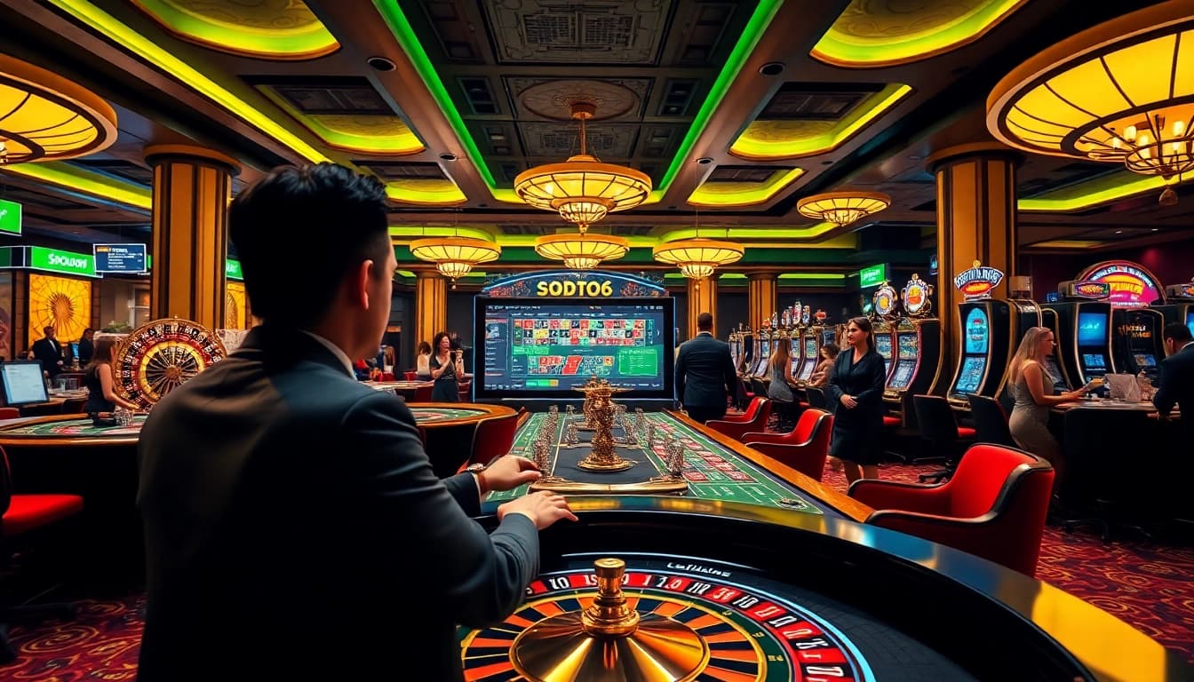 Experience the thrill of SODO66 online gambling with poker tables and vibrant slot machines.