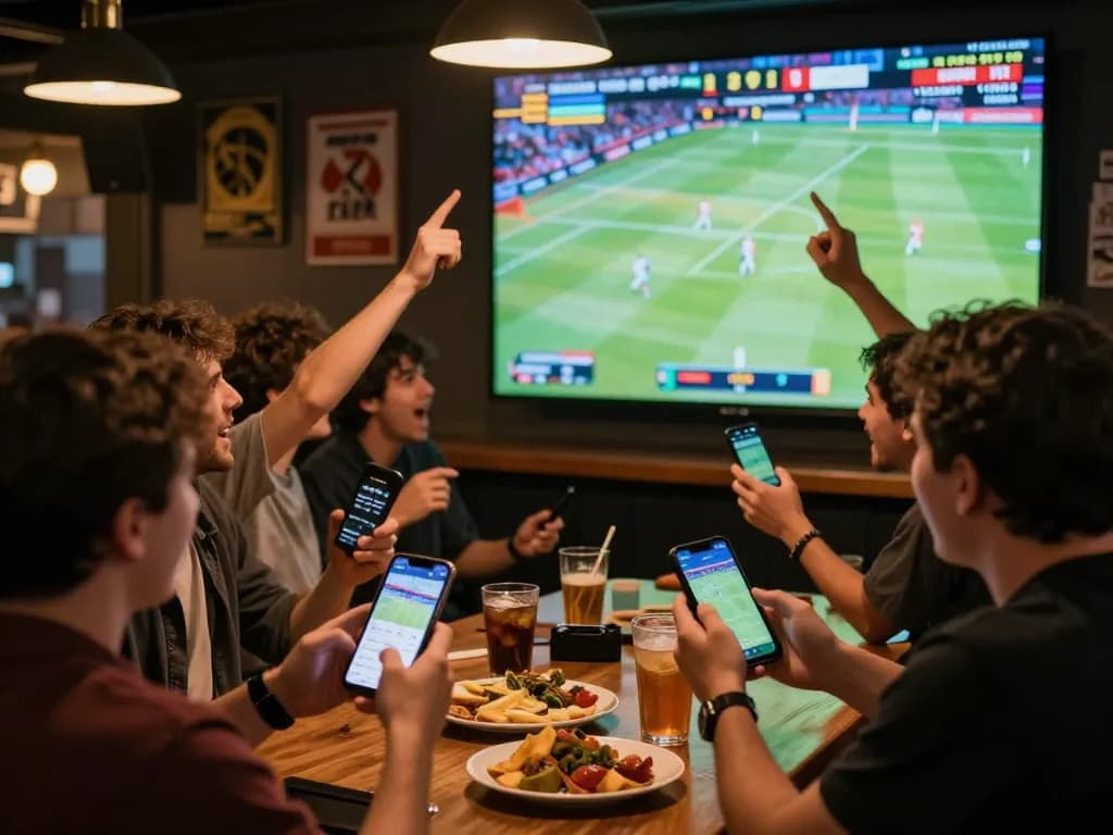 Cakhia TV app used for sports betting in a lively social setting with friends enjoying the game
