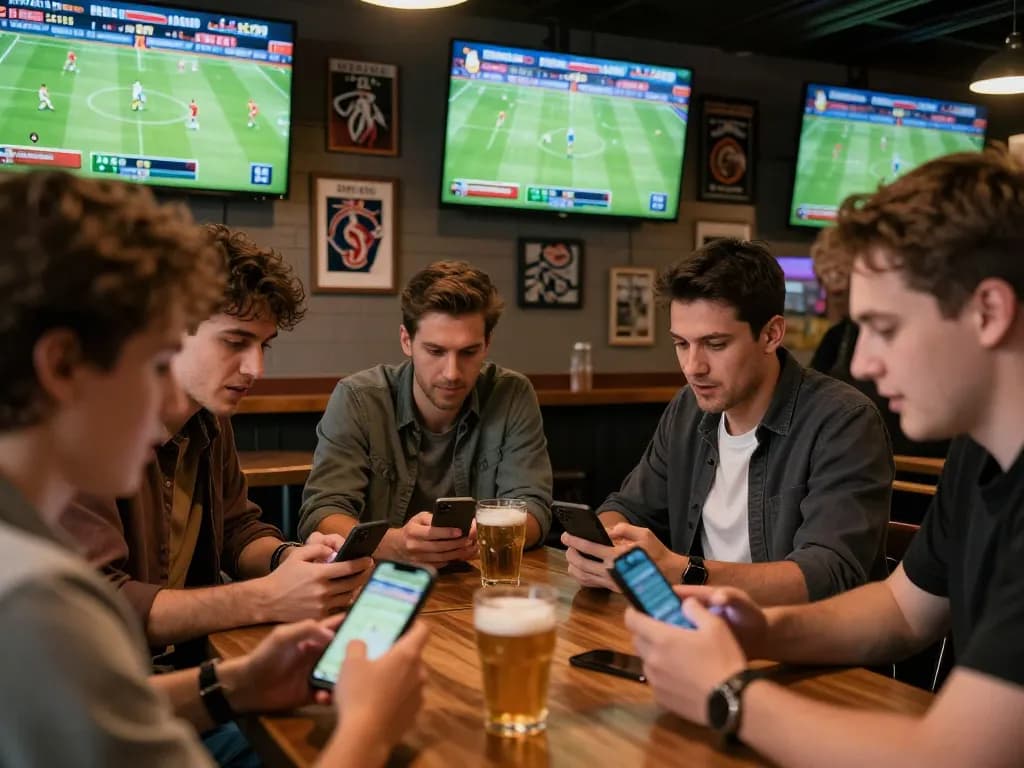 Excited friends placing bets on smartphones while watching live sports, showcasing Kèo nhà cái hôm nay.