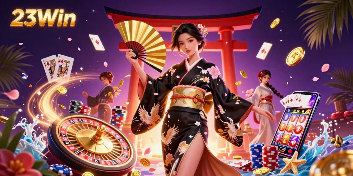 Experience the excitement of 23Win with a dynamic illustration showcasing casino games and lavish rewards.