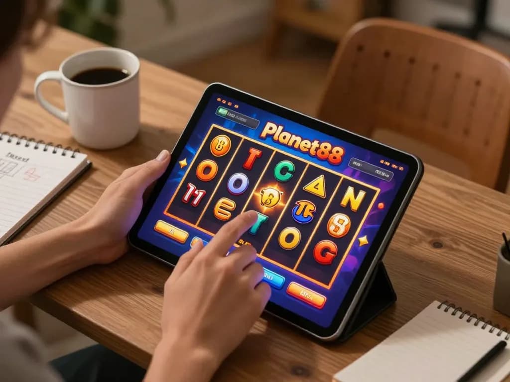 Playing planet88 slot on a tablet with vibrant graphics and cozy home setting.