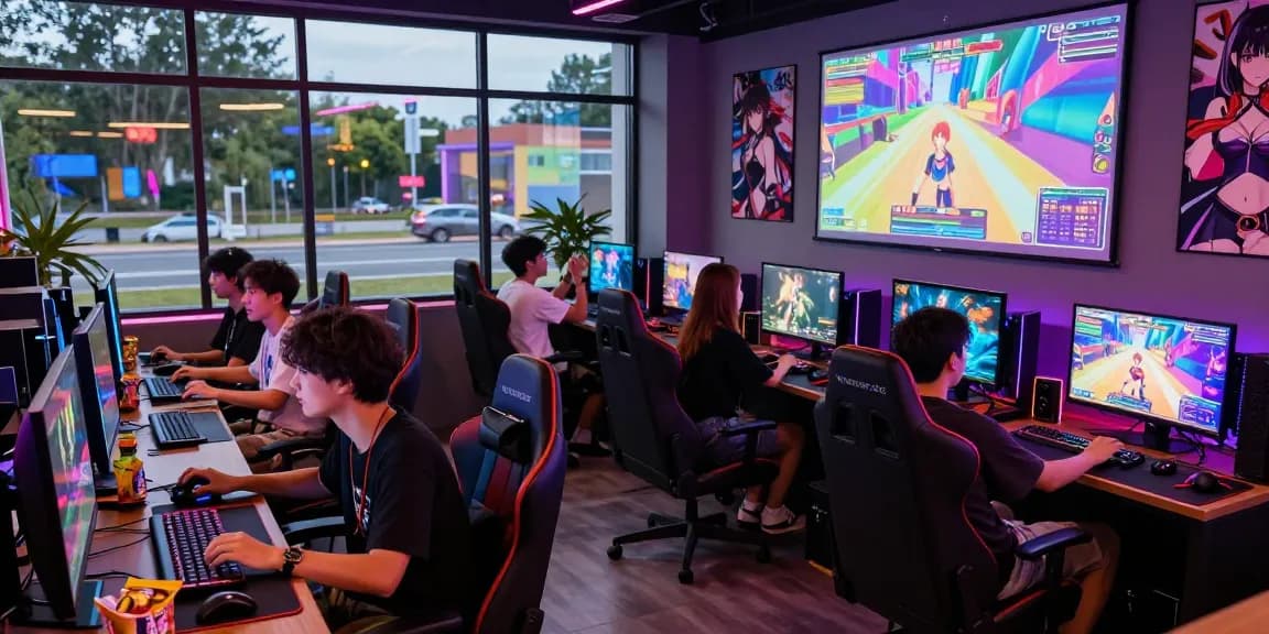 Group discussing popular hentai games in a vibrant game lounge